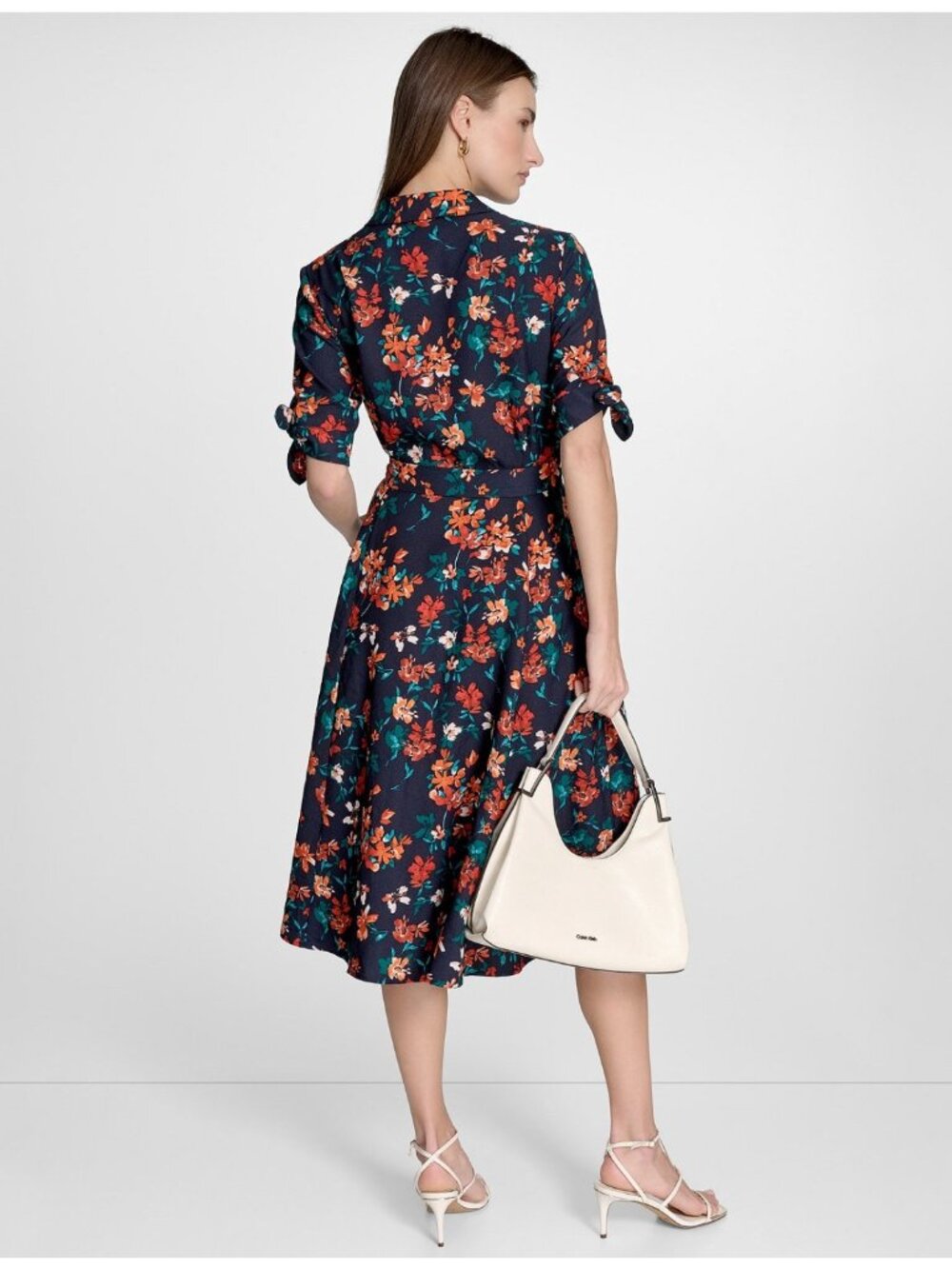 Calvin Klein Floral Belted Midi Dress Navy Orange Green MSRP $139 - Picture 2 of 9
